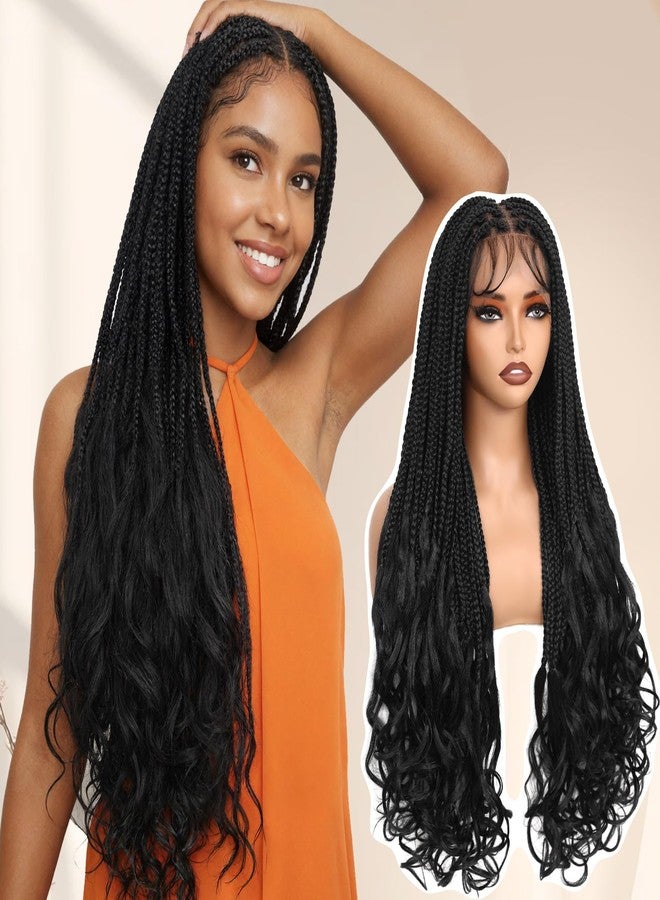 FAVE 30 Inch Braided Wig for Black Women Full Double Lace Braided Wig with Curly Ends Glueless Wig with Baby Hair for Daily Use Natural Black - Image 1